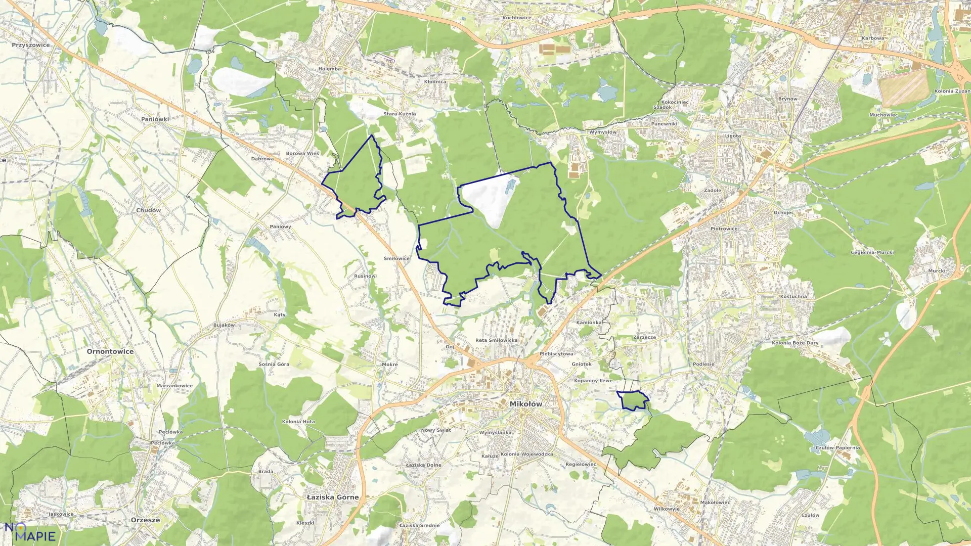 Mapa obrębu Górne Lasy Pszczyńskie w mieście Mikołów