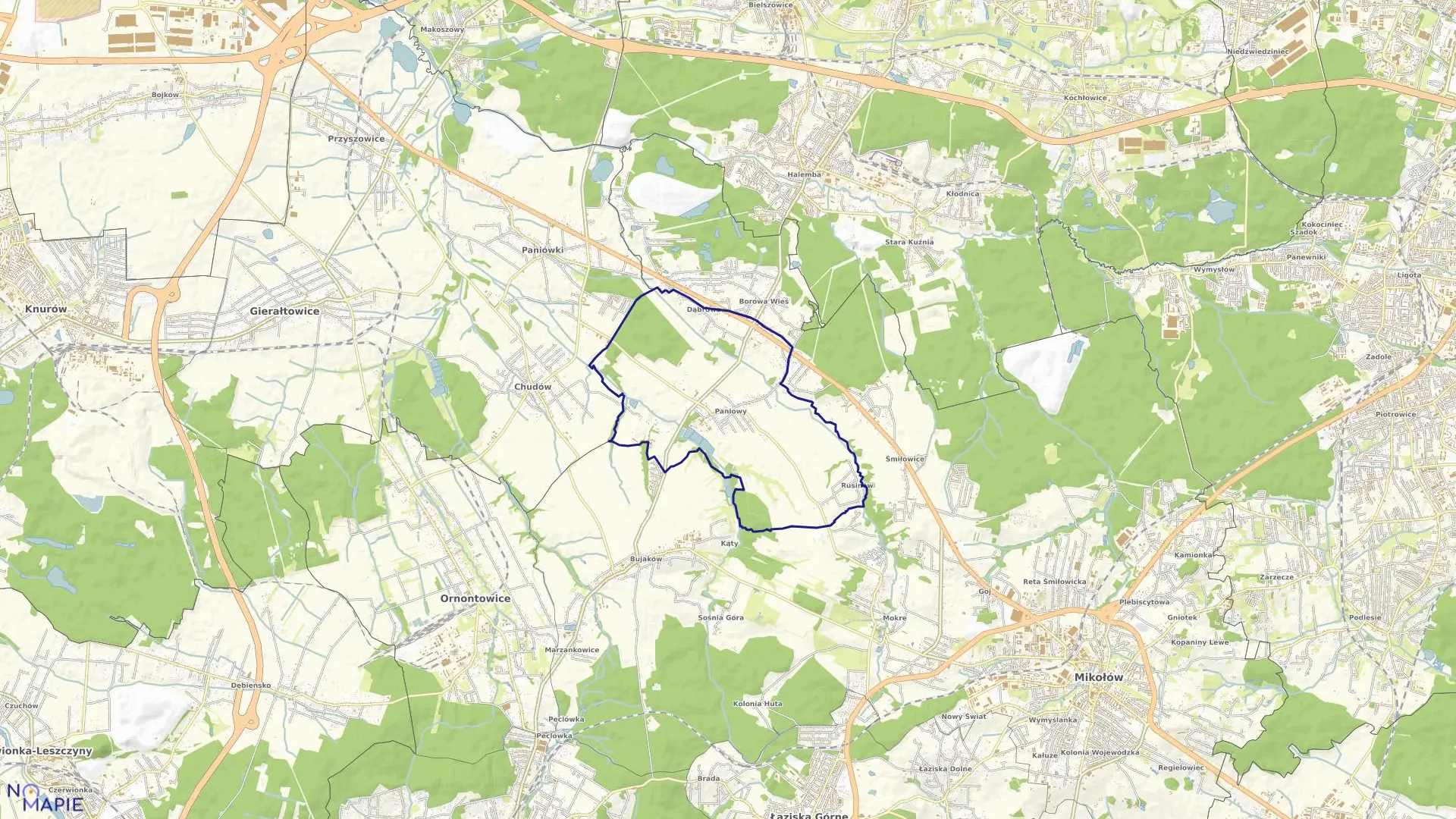 Mapa obrębu Paniowy w mieście Mikołów